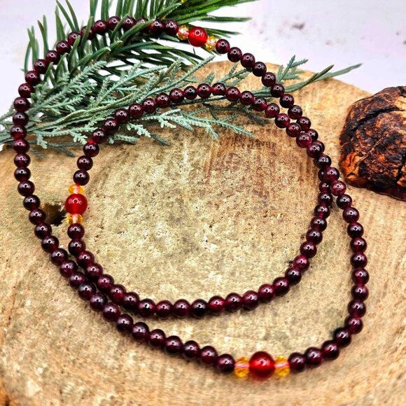 Nature Red Garnet & Agate Round Beads 18" Necklace - Picture 1 of 10